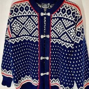 Dale of Norway Navy Blue Red & White Geometric Design 100% Wool Unisex Cardigan